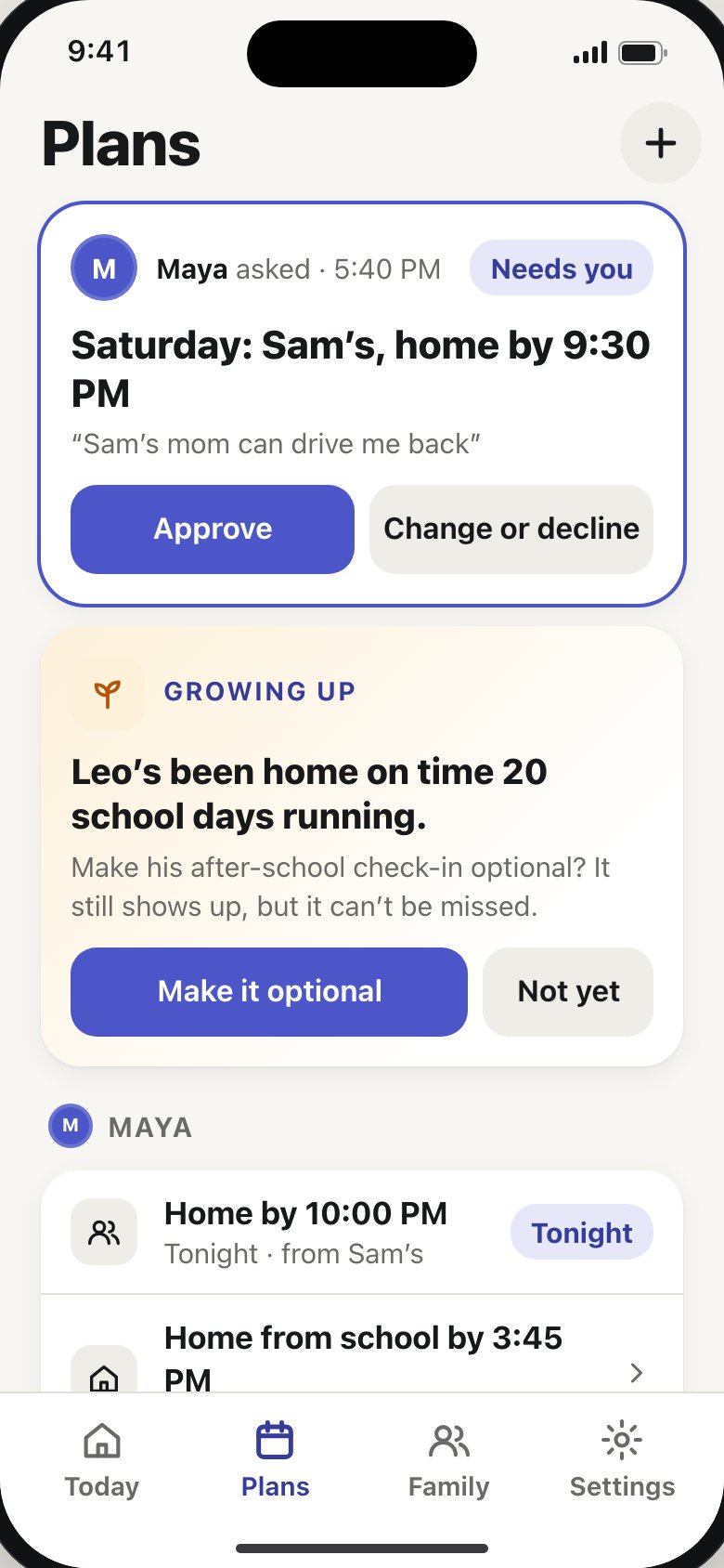 The Plans screen with a kid’s request and a Growing up suggestion