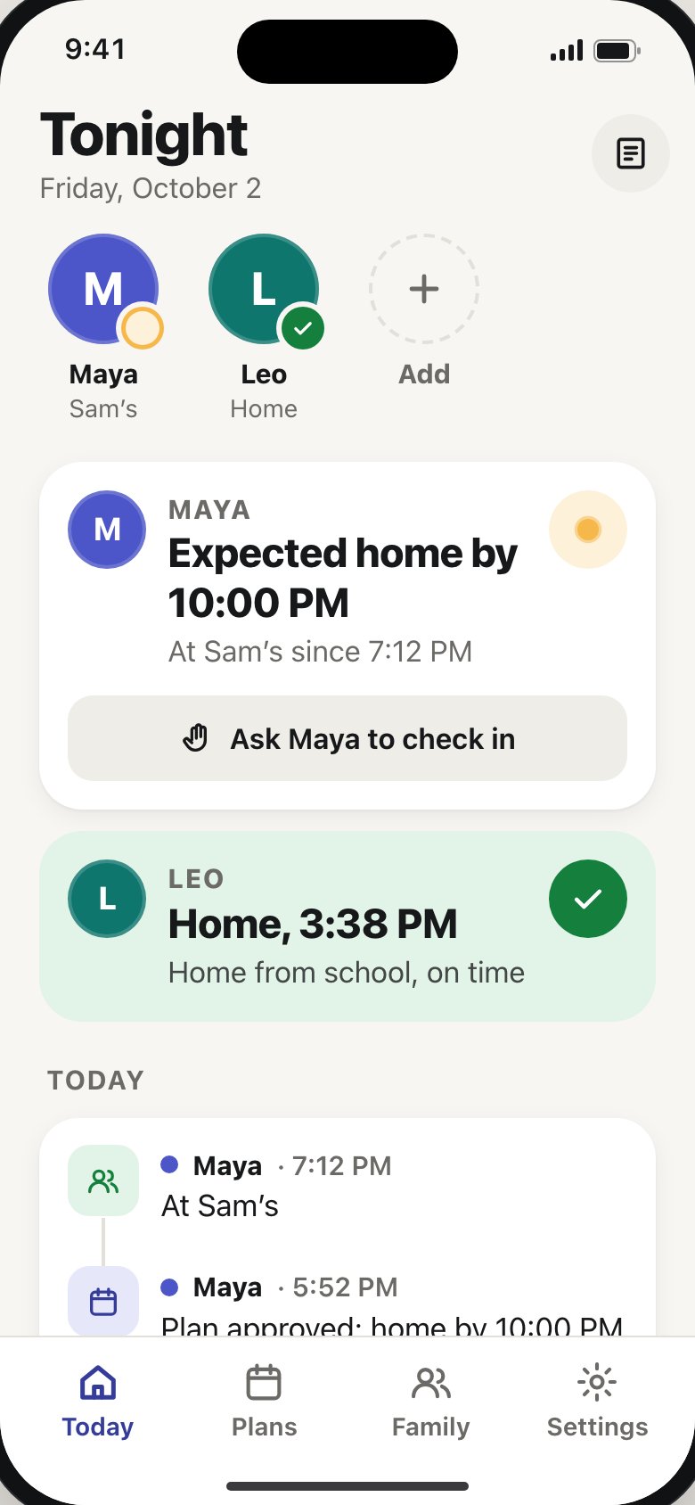 The parent’s Tonight screen with each kid’s status