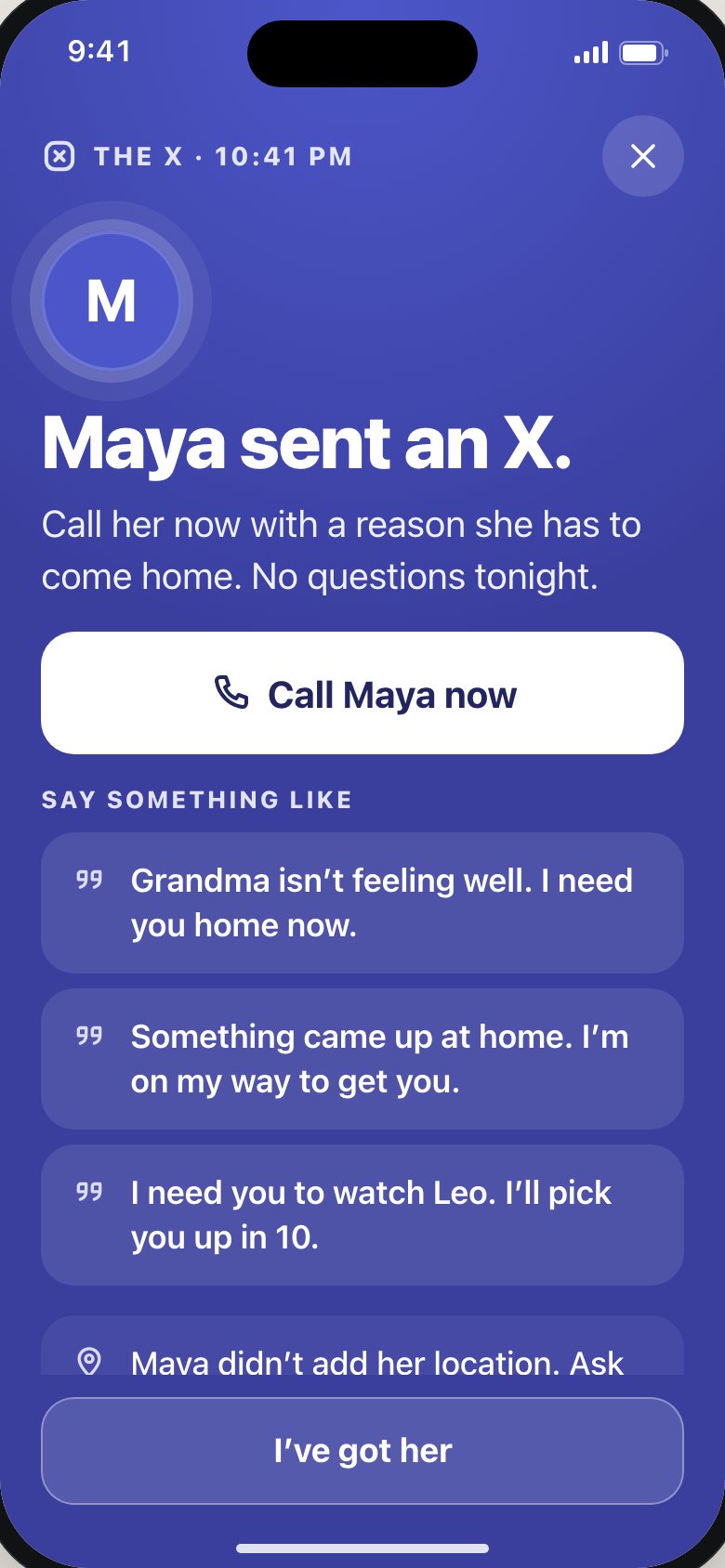 The parent’s screen after Maya sent an X, with Call Maya now
