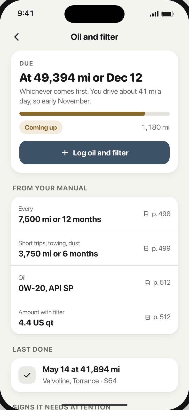 Oil and filter: when it’s due, the manual’s numbers with page references, and the last time it was done