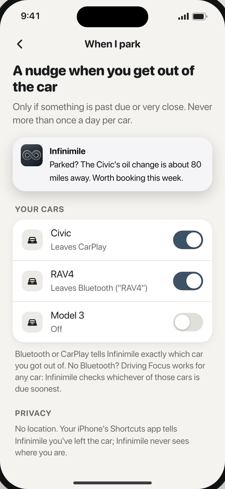 When I park: a nudge when you get out of the car, set up per car