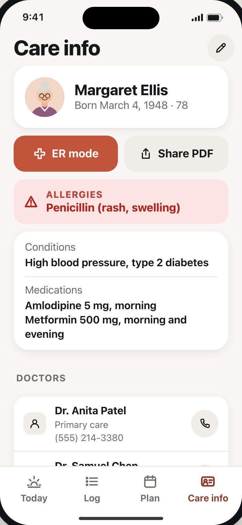 The Care info card with allergies, conditions and doctors