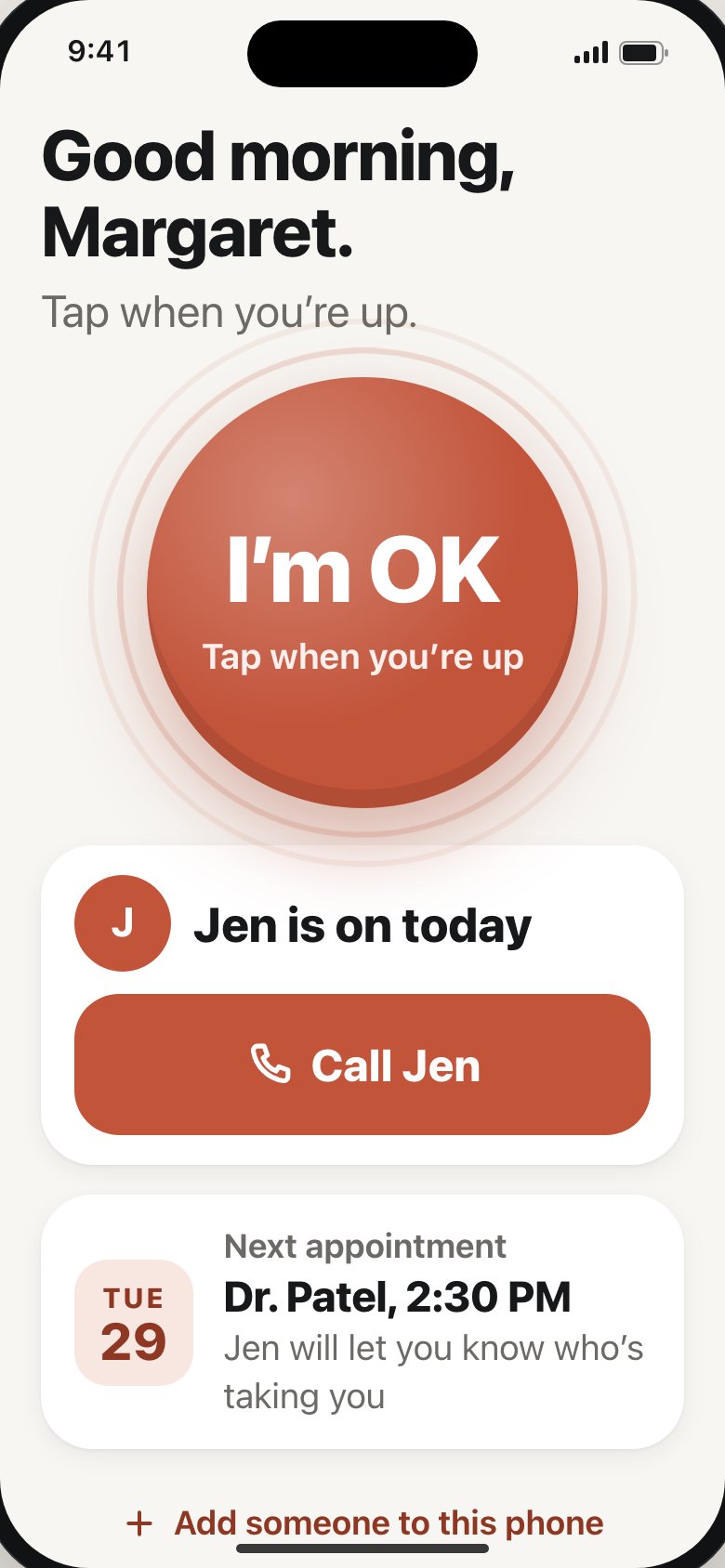 Mom’s screen with the big I’m OK button