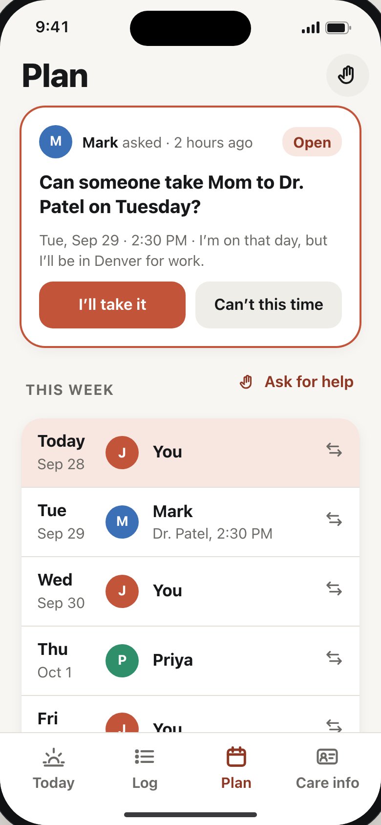 The Plan screen: a help request and this week’s rota