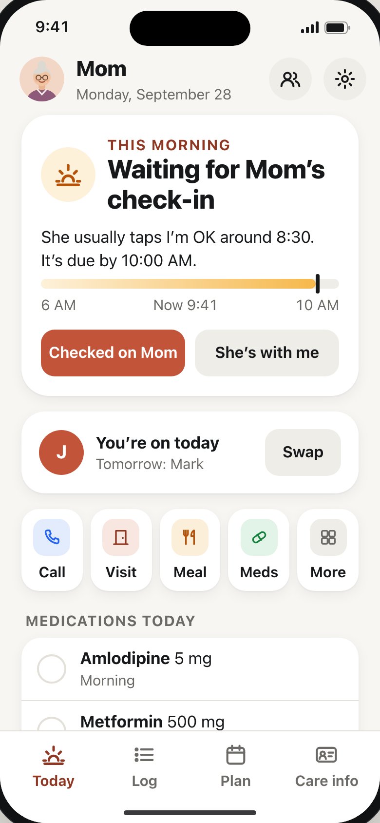 Kinlit Today screen for the family, waiting for Mom’s check-in