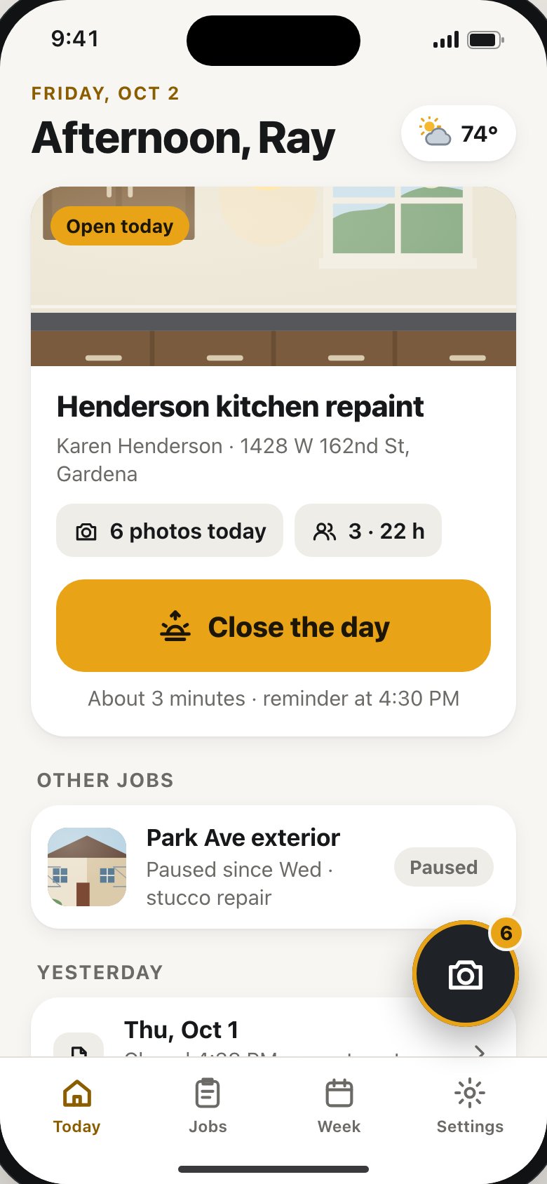 Today: the active job and the big Close the day button